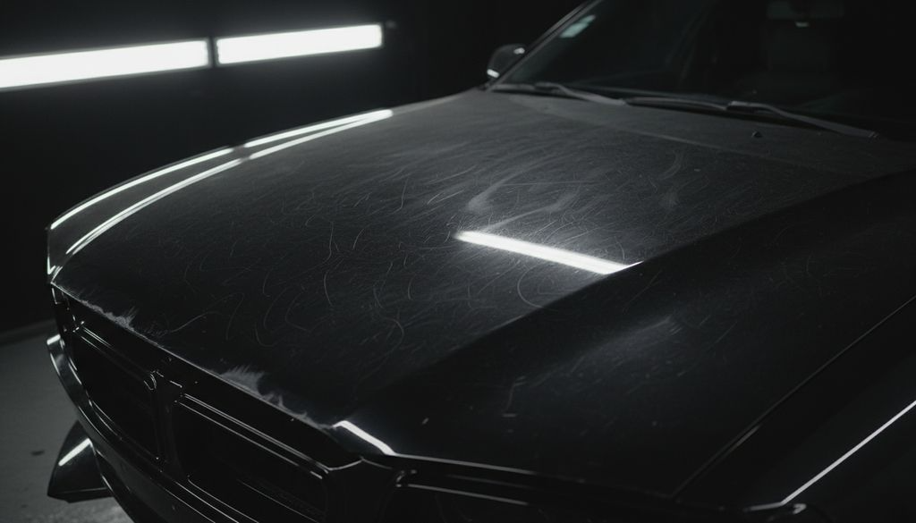 Black bonnet under raking inspection light, dense swirl marks and haze across the clear coat
