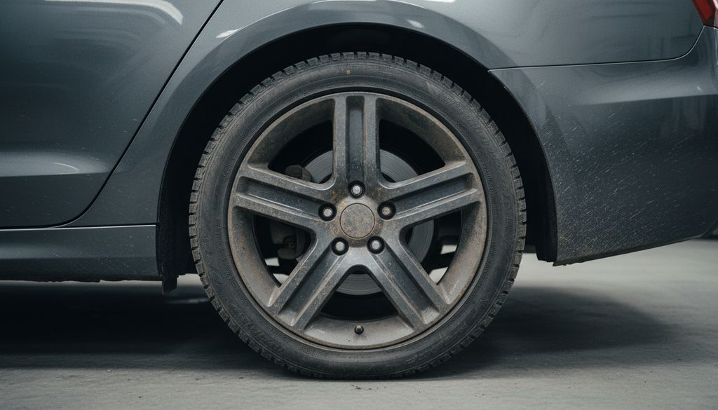 Alloy wheel and arch heavily contaminated with brake dust and road film