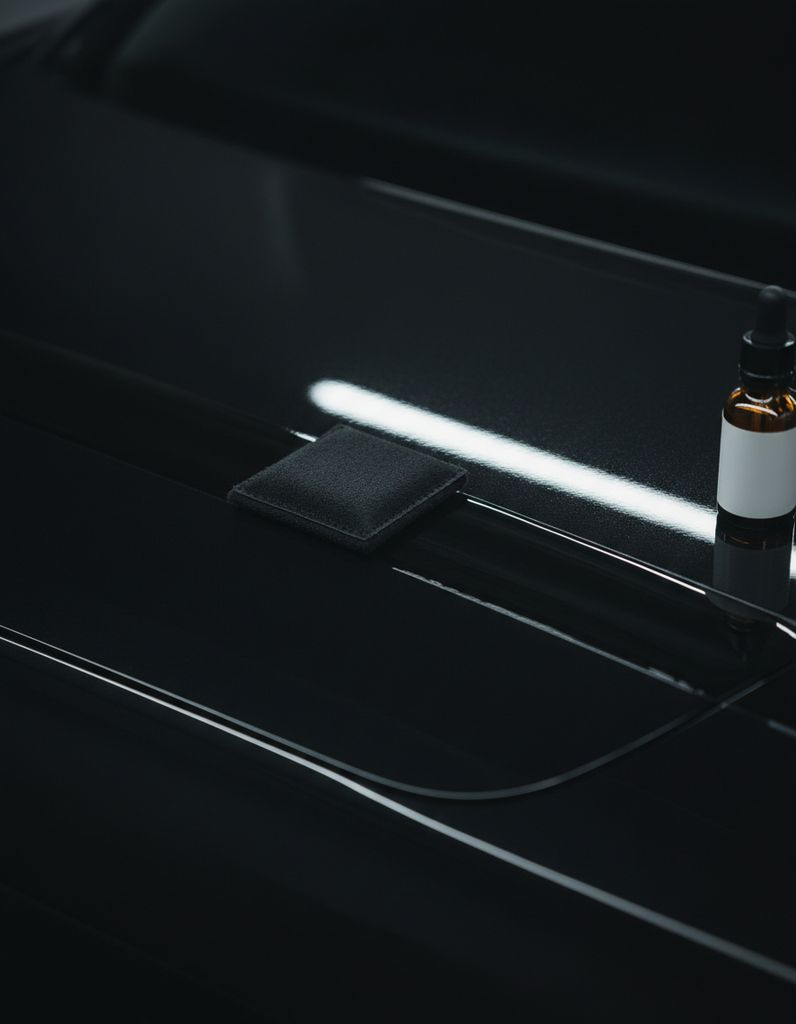 Ceramic coating applicator laying a wet band of coating across black paint