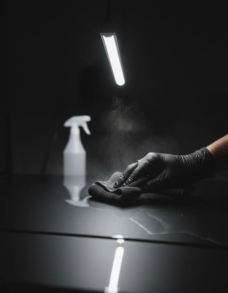 A microfibre towel wiping isopropyl alcohol across a panel, stripping polishing oils back to bare clear coat