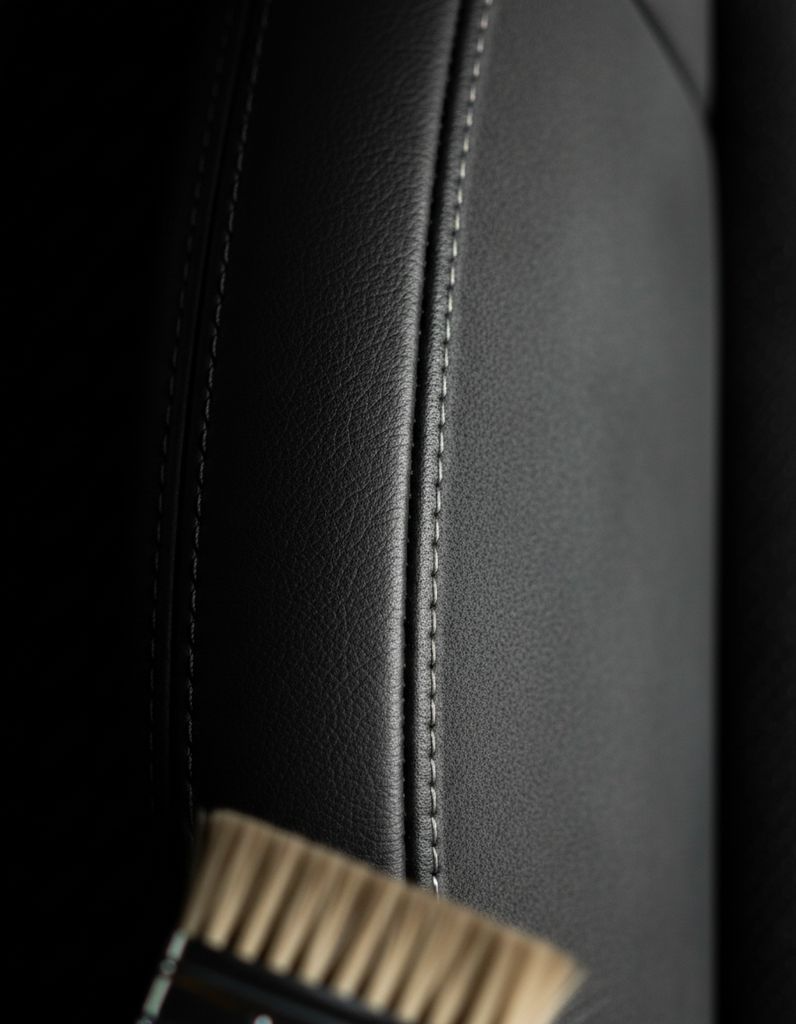 Cleaned and protected leather meeting Alcantara at a stitched seam inside a car