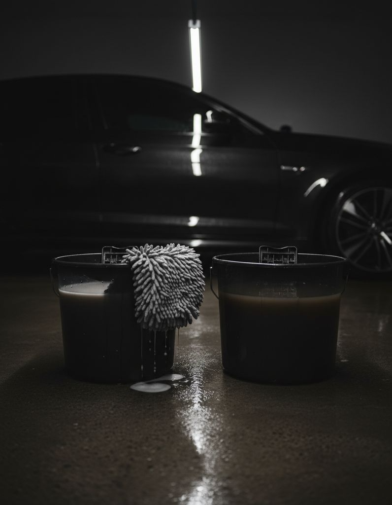 Two wash buckets with grit guards and a soaked microfibre mitt on a wet workshop floor