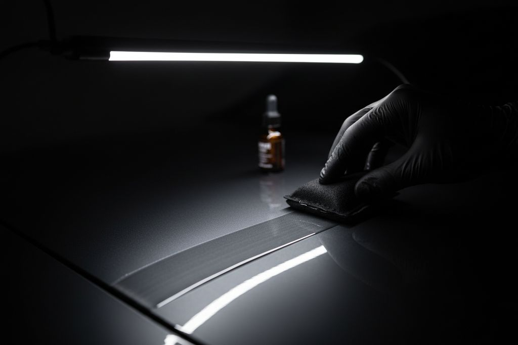 A suede applicator drawing a wet band of ceramic coating across a dark panel in overlapping passes