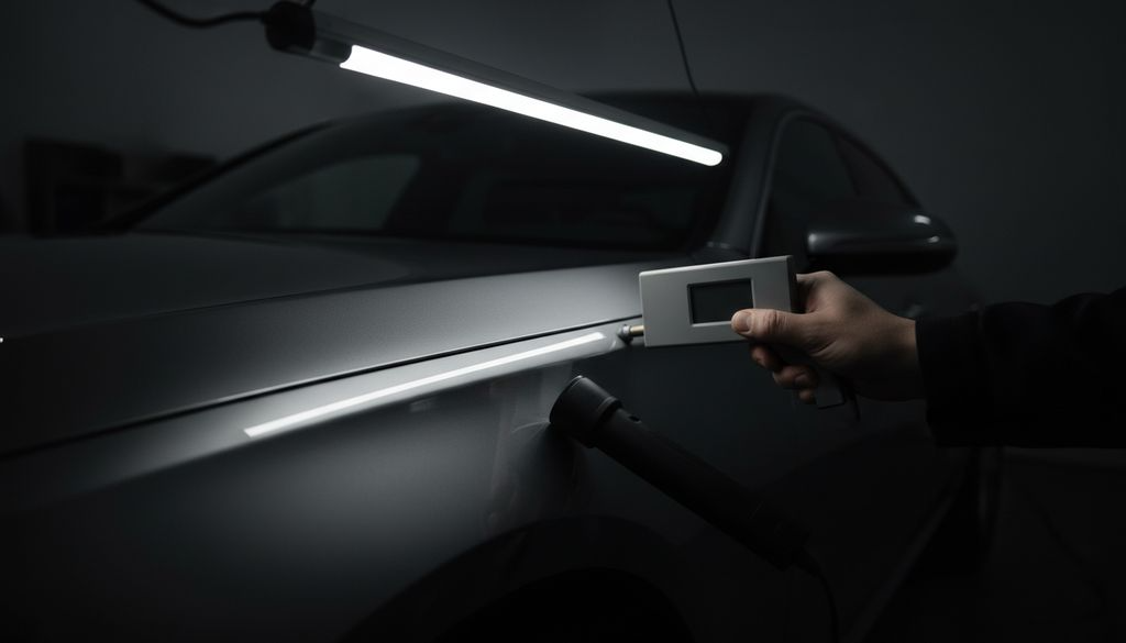 Paint thickness gauge resting against a dark car wing