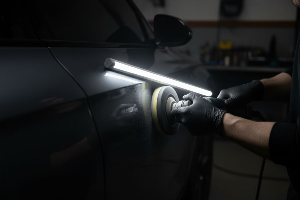 A polisher pad worked against a dark door beside a mounted inspection light bar, compound spatter around the worked area