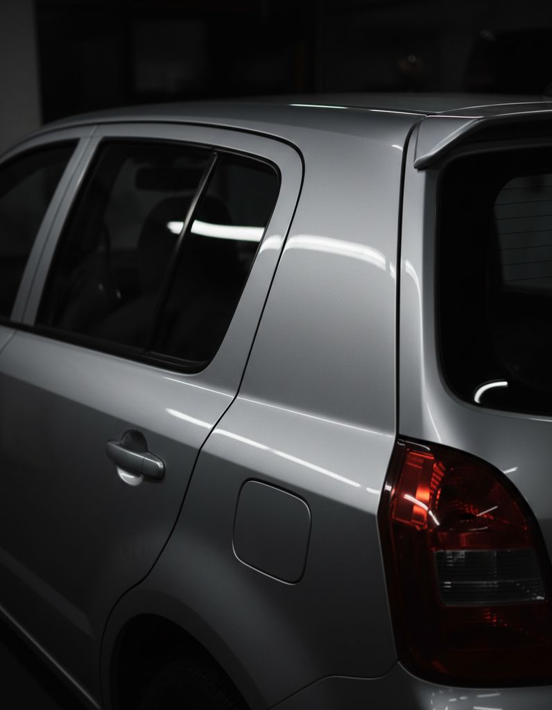 Fifteen-year-old metallic paint machine polished back to clarity on a family hatchback rear quarter