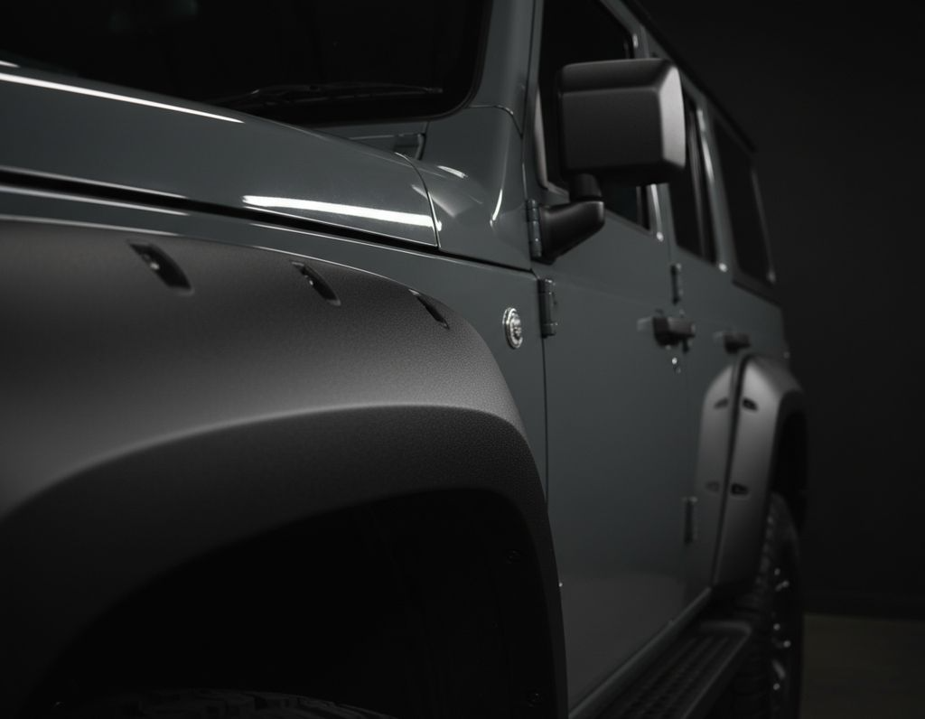 Decontaminated textured arch cladding beside machine polished paint on an off-road 4x4